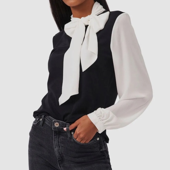 CeCe Tops - CeCe Women's Black Mix-Media Knit White Sleeve Bow Neck Top Size M